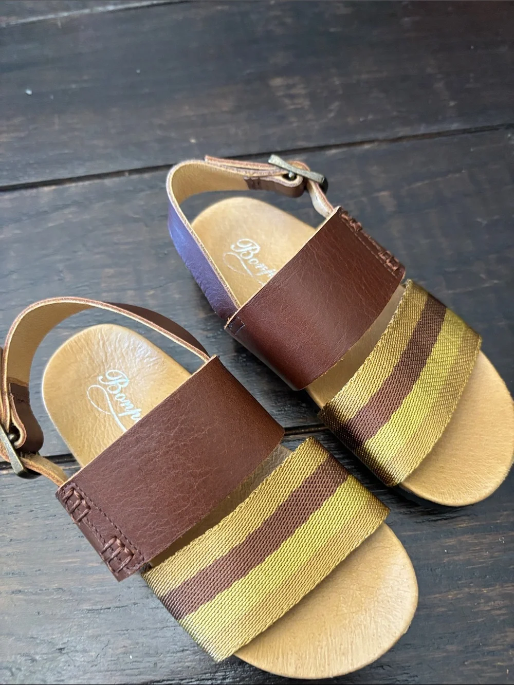 Bonpoint Brown Leather Sandals with Yellow Striped Band